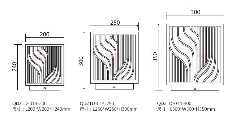 (QDZTD-014)古铜拉丝割花方形矮柱柱头灯200mm、250mm、300mm尺寸示意图