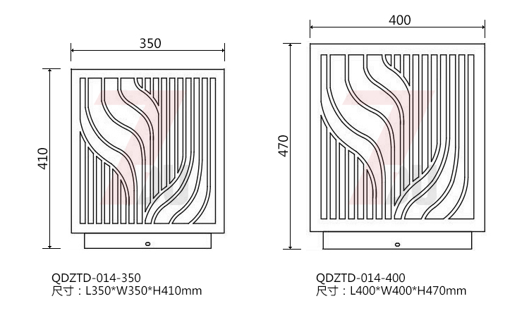 (QDZTD-014)古铜拉丝割花方形矮柱柱头灯350mm、400mm大规格尺寸示意图